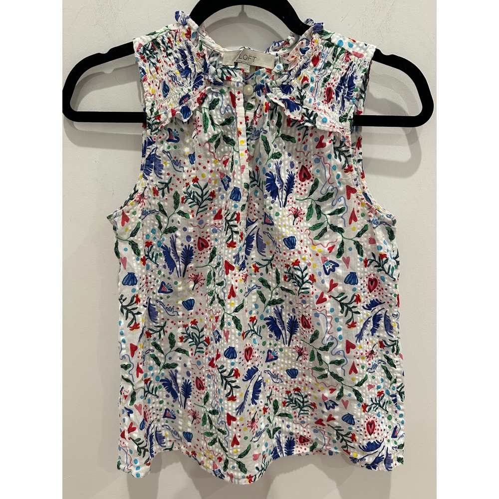LOFT Womens XS Sleeveless Seersucker Floral Heart Print Ruffle Neck Blouse White